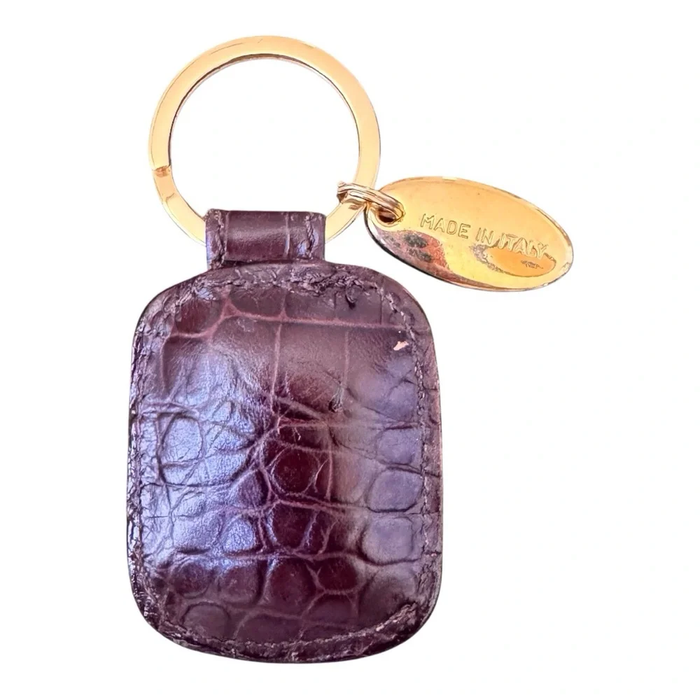 Talbots Dark Croc-Embossed Leather Keychain with Gold Accents Made in Italy